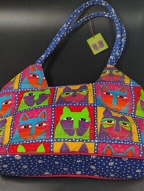 Laurel Burch Colorful Cat Patchwork Tote Bag - Blue Handles